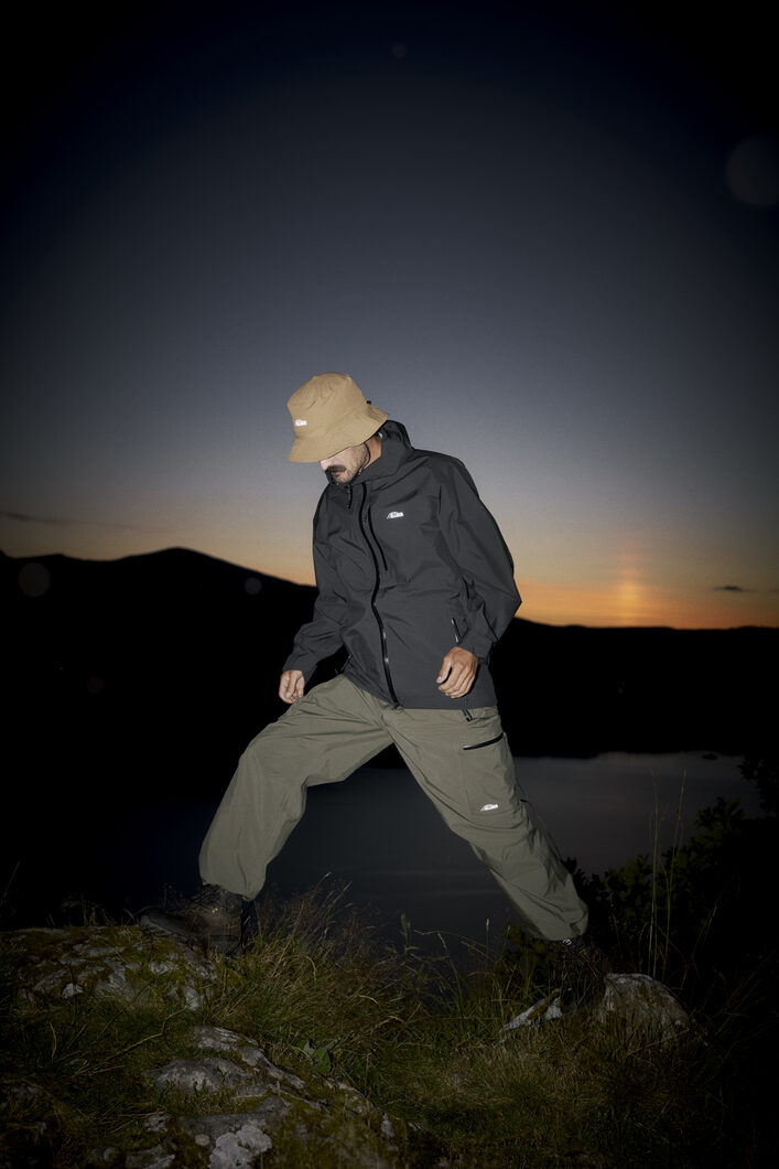 Trail Duster night shoot, wearing ELLIKER Black Ayer Shell Jacket and Khaki Bordley Shell Trousers